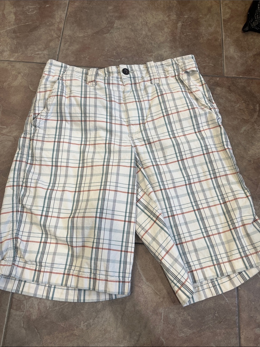 Men's White Plaid Shorts with Green and Red Stripes